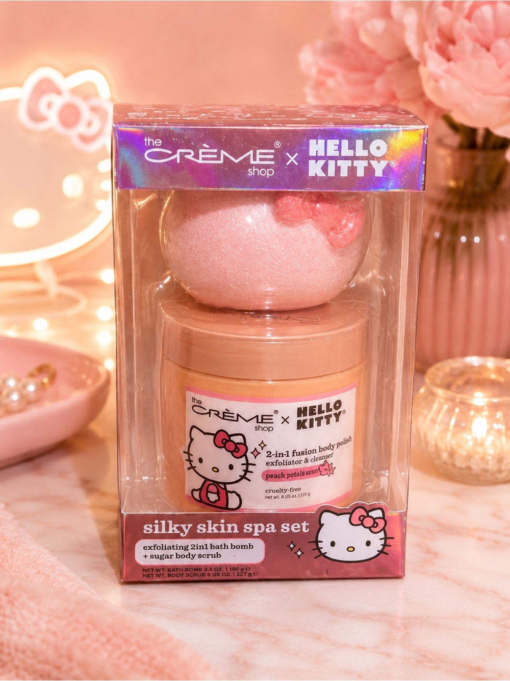 🍑 The Crème Shop x Hello Kitty Silky Skin Spa Set – Peach Petals 🍑